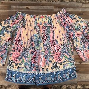 Lilly Pulitzer Small Pink and Blue Ruffled Off-the-Shoulder Blouse